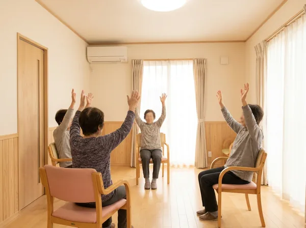 椅子に座ったまま腕を上げる体操をしている様子