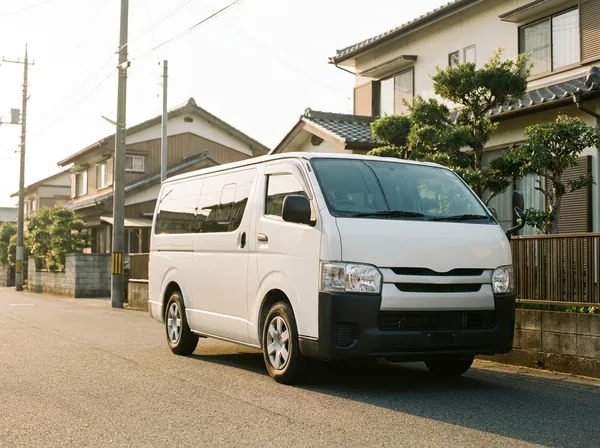 住宅地の道路に停まっている白い送迎用ワゴン車